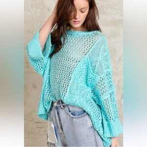 NWOT POL Open Knit Crochet Sheer Turquoise Blue Sweater Oversized Draped Medium